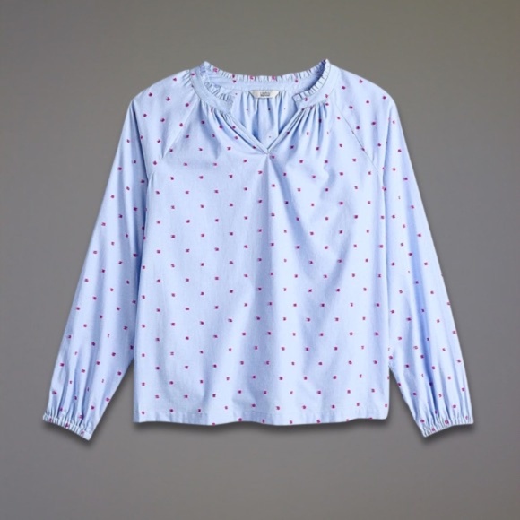 Croft & Barrow Peasant Blouse Ruffled V-Neck Polka Dot Blue/Pink Women’s XXL NWT - Picture 1 of 13
